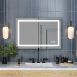 WELLFOR 36-in Lighted LED Fog Free White Rectangular Frameless Bathroom Mirror