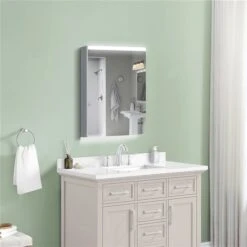 WELLFOR 20-in X 30-in Lighted LED Surface Aluminum Mirrored Rectangle Medicine Cabinet With Outlet 8 WELLFOR 20-in X 30-in Lighted LED Surface Aluminum Mirrored Rectangle Medicine Cabinet With Outlet -Allied Brass Sales Store 331025010 AlternateImage8 l