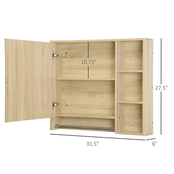 Kleankin Wall Mounted Bathroom Cabinet With Mirror - Natural 5 Kleankin Wall Mounted Bathroom Cabinet With Mirror - Natural - Image 3